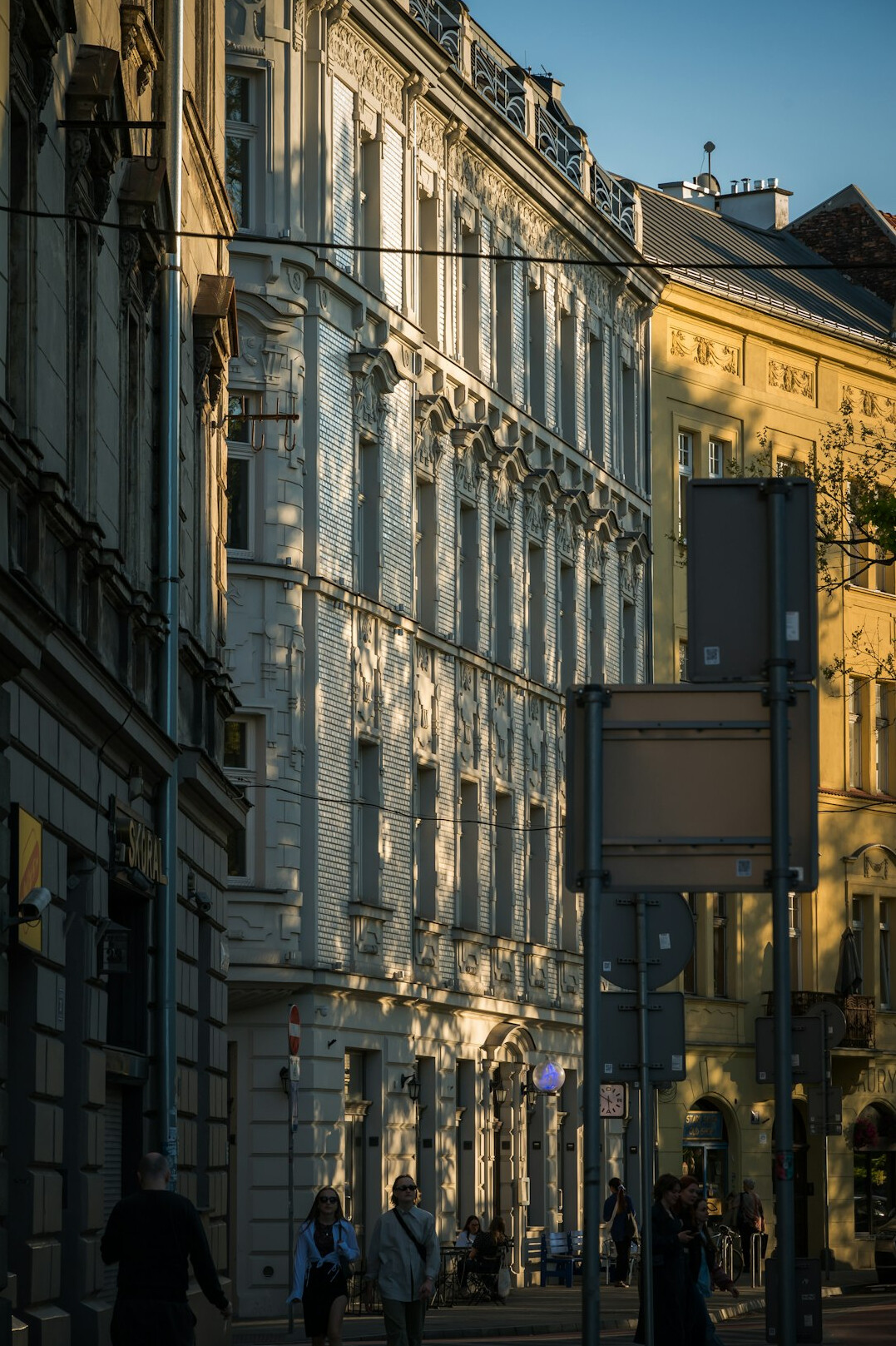 Old town street of Montevideo at dusk with historic buildings
